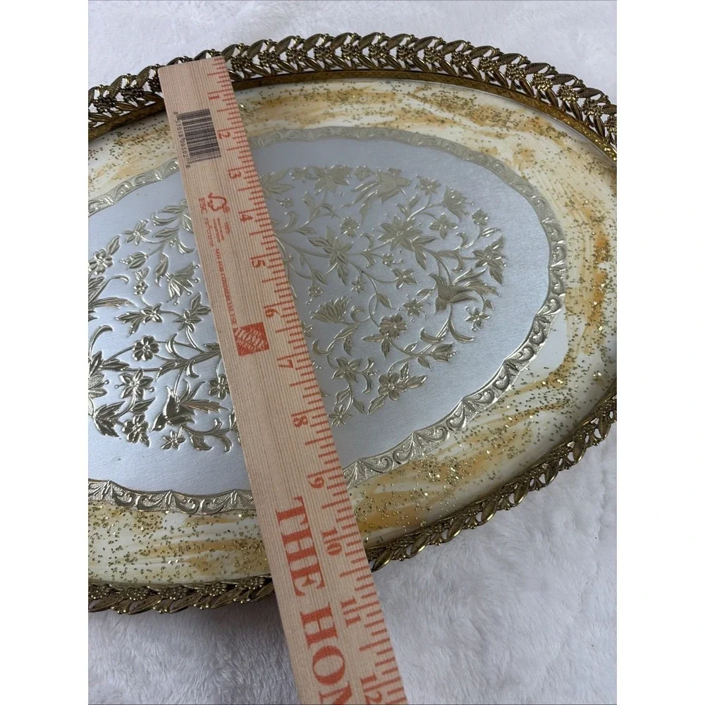 VTG 60s MCM HOLLYWOOD REGENCY GLASS & BIRD FLORAL FILIGREE ORMOLU VANITY TRAY